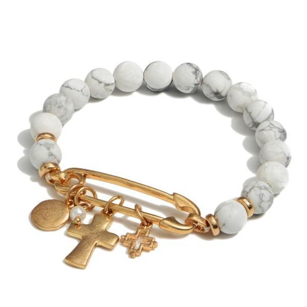 Pearl Beaded Safety Pin Cross Charm Bracelet 9$
